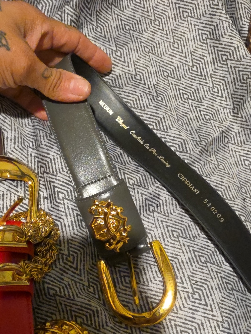 Cipriani Black Leather Belt with Gold Crest Buckle